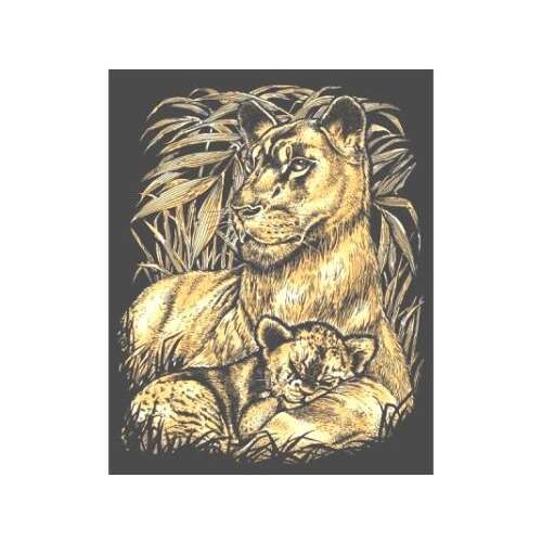 Imagine de zgâriere auriu cu o leoaică și puiul ei