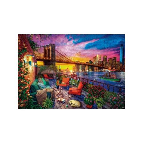Puzzle finalizat cu 3000 de piese, Apus de soare în Manhattan, de la Clementoni, cu vedere la Podul Brooklyn și Statuia Libertății
