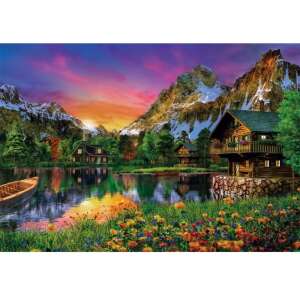 Clementoni Lacul Alpin 6000 piese puzzle, arătând un lac montan cu o cabană și o barcă - Clementoni Puzzle