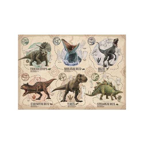 Puzzle Super Color Jurassic World 104 piese Clementoni, cu dinozauri precum Triceratops, Mosasaurus, Blue, Carnotaurus, T-Rex și Stegosaurus