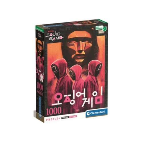 Clementoni Squid Game 1000 darabos puzzle poszterrel, a népszerű Netflix sorozat maszkos őrzőivel
