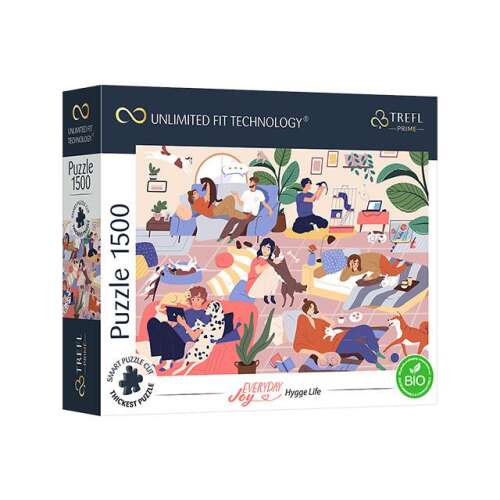 Trefl Hygge Life 1500 darabos kirakós játék, amely egy illusztrációt ábrázol emberekről, akik otthon pihennek háziállataikkal