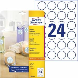 Avery L3415-10 kör alakú etikettek termékcsomagolása és ív - Avery