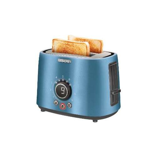 Sencor STS 6052BL blue electric toaster with two slices of toasted bread