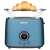 Sencor STS 6052BL blue electric toaster with a croissant on the warming rack