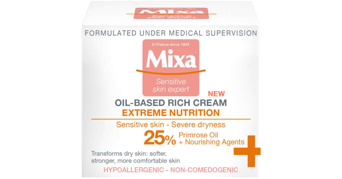 Mixa Extreme Nutrition, cream enriched with 25% evening primrose oil and  nourishing agents - for dry/sensitive skin 50ml