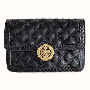 Schwarze gesteppte PU-Leder Schultertasche mit goldener Kettenriemen und rundem Verschluss - Handtaschen