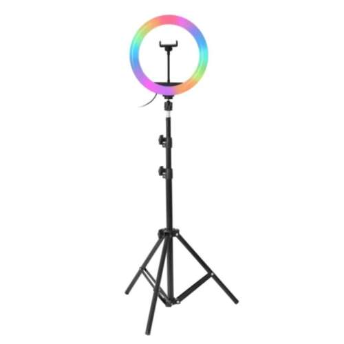 RIF REFCO Ring Light RGB kör alakú lámpa, kör átmérője 26cm / 10inch, USB csatlakozás, 19 világítási mód, intenzitásállítás, vezetékes távirányító, telefontartó, 210cm-es állvány