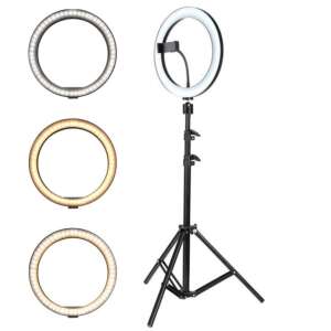 Rif Refco 26cm 10 inch LED körlámpa állvánnyal, 3 fénymód: meleg, természetes, hideg, telefontartó, állítható fényerő, USB csatlakozás - LED körfény & körlámpa