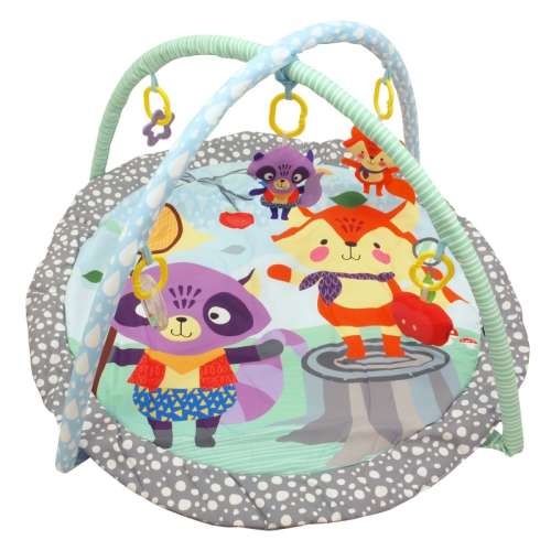 Baby Mix play mat with play arch, fox and raccoon design, green and gray color