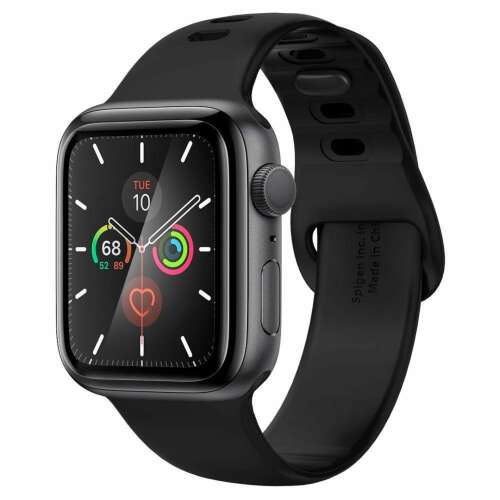 Apple Watch 44mm with Spigen ProFlex EZ Fit screen protector and black silicone band