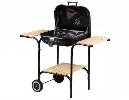 ModernHOME kerti grill fedéllel, fekete, fa polcokkal és kerekekkel