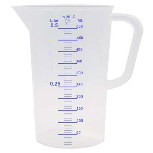 Cană de măsurare din plastic transparent de 500 ml cu mâner și cioc, gradație de 10 ml, pentru alimente, Fabricat în Germania