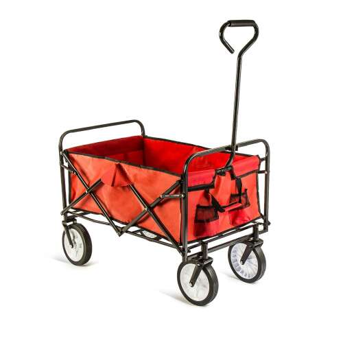 Piros összecsukható kerti kocsi fekete fém váz és kerekek