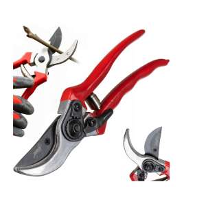 Garden Line 20cm steel pruning shears, red handles, collage showing different angles and uses - GardenLine
