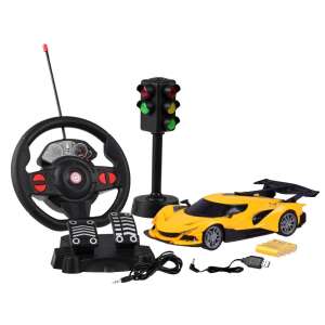 Športové auto s volantom a pedálmi, žlté RC auto, semafory - Autá a vozidlá