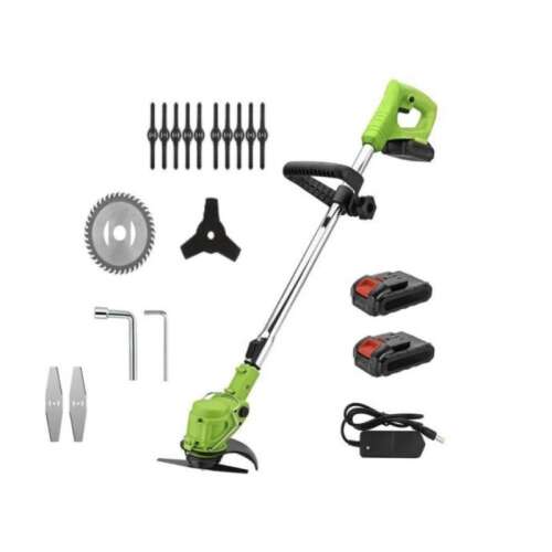 Flinke FK-EKS-3030 cordless grass trimmer with 2 batteries, 48V, includes accessories like blades, charger, and tools