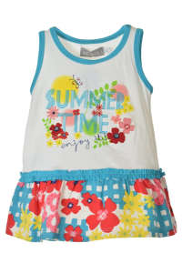 White and blue sleeveless baby girl dress with floral print and "Summer Time" text, Boboli brand - Boboli