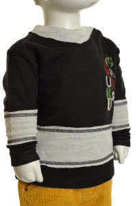 Guru Gang baby boy sweater in black with grey stripes, featuring a snap closure at the shoulder. Comfortable and stylish for every little boy. - Guru