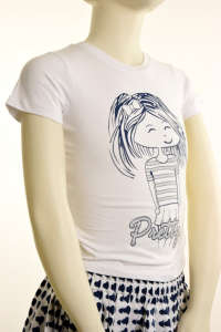 White cotton t-shirt for girls with a cute girl print, short sleeves, size 104/110 - Kids' T-Shirt