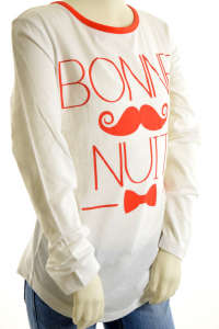 White long sleeve t-shirt with orange 'Bonne Nuit' inscription, mustache and bowtie design - Tom Tailor
