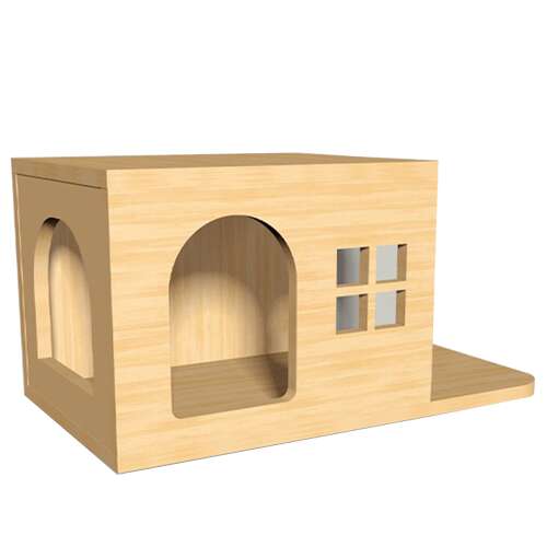 Dollcini cat house, wooden cat house with two entrances and a platform, perfect for cats to play and relax