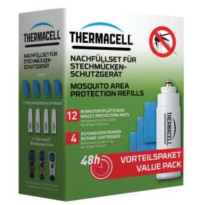 Thermacell Nachfüllset für Stechmücken-Schutzgerät, 4 Butangaspatronen und 12 Wirkstoffplatten, 48 Stunden Stechmückenschutz - Insektenschutzmittel
