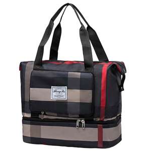 Dollcini foldable travel bag with shoe compartment, black and red plaid pattern - Travel Bag