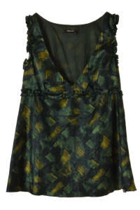 Top Miss Sixty cu volane, cu imprimeu verde și galben, cu decolteu adânc în V - Îmbrăcăminte pentru femei