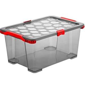 ROTHO EVO TOTAL 44L tároló doboz, antracit/piros, átlátszó műanyag vörös fogantyúkkal - Rotho