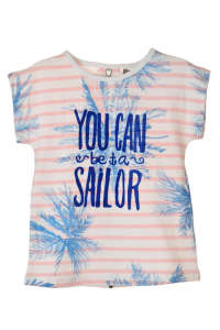 Boboli lányoknak szánt csíkos póló pálmafa mintával és 'You can be a sailor' felirattal, fehér és rózsaszín - Boboli