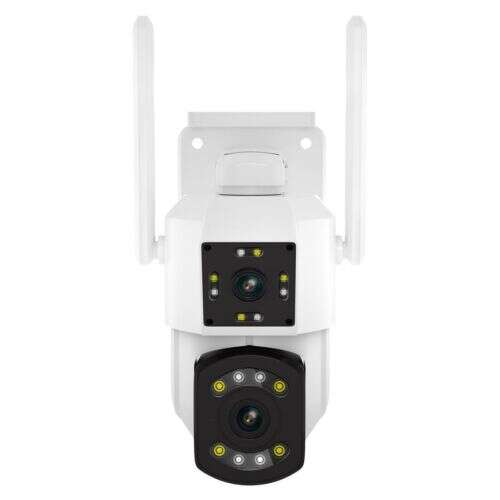 Wifi Smart Kamera KE23-377, white security camera with two lenses, two antennas, and night vision lights