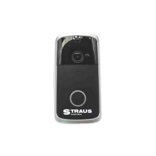 Straus Smart Doorbell with built-in camera, black and silver, front view