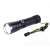X-BALOG P120 rechargeable LED flashlight with adjustable focus, black color, with wrist strap, showing the light beam