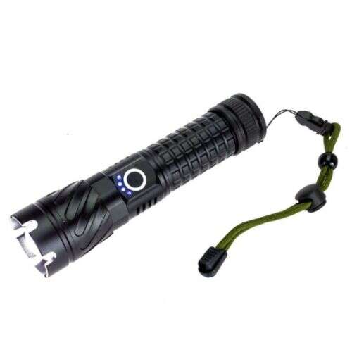X-BALOG P120 rechargeable LED flashlight with adjustable focus, black color, with wrist strap