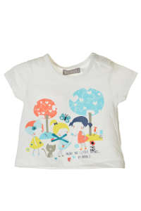 White Boboli girls' t-shirt with a cute print of girls playing in a garden - Boboli