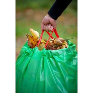 Green leaf collection bag with red handles, filled with leaves, Nature brand - Garden