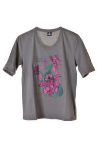 Tricou gri pentru femei cu imprimeu floral și textul "Magic is something", marca Lerros - Îmbrăcăminte pentru femei