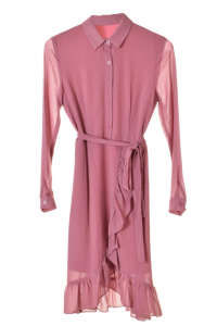 Rochie pentru femei Sisters Point de culoare malva, cu cordon, mâneci lungi, guler, închidere cu nasturi, cu curea - Îmbrăcăminte pentru femei