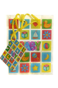 Clear plastic baby gift bag with colorful baby designs, 14 cm tall - Gift bag