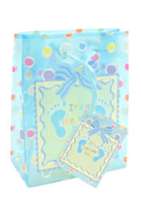 Blue gift bag with polka dots and baby footprints, It's a Handsome Boy! gift bag - Gift bag