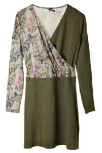 Rochie Smash! pentru femei cu imprimeu floral, gri și verde, mâneci lungi, decolteu adânc în formă de V - Îmbrăcăminte pentru femei