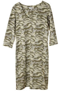 Rochie Soyaconcept pentru femei, gri cu model bej, mâneci 3/4, decolteu în V - Îmbrăcăminte pentru femei