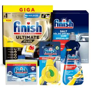 Finish Ultimate Plus All in 1 Starterpaket mit Reinigungsflüssigkeit, 90 Kapseln 61518476