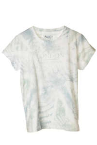 Tricou Pepe Jeans pentru femei cu imprimeu tie dye cu textul London, alb și albastru - Îmbrăcăminte pentru femei