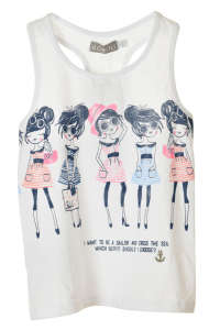 White Boboli girls tank top with a cute print of girls in different outfits, perfect for summer - Boboli