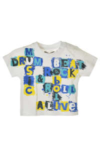 Fehér rövid ujjú fiú póló zenei mintával, a 'music', 'drum', 'beat', 'rock', 'roll' és 'alive' szavakkal - Boboli