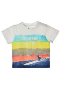 Boboli boys' t-shirt with a colorful striped and surfer design, white, short sleeve, size 62 - Kids' T-Shirt