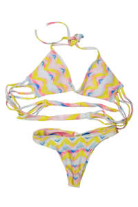 Costum de baie pentru femei cu imprimeu colorat, galben, roz și albastru, stil cu legături, decor lateral cu mai multe șnururi, marca Carib - Îmbrăcăminte pentru femei