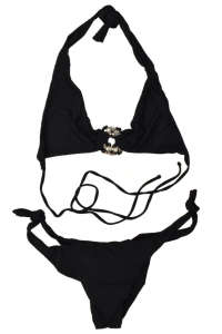 Fekete bikini gyöngyös halter felsővel és köthető oldalakkal - Női fürdőruha